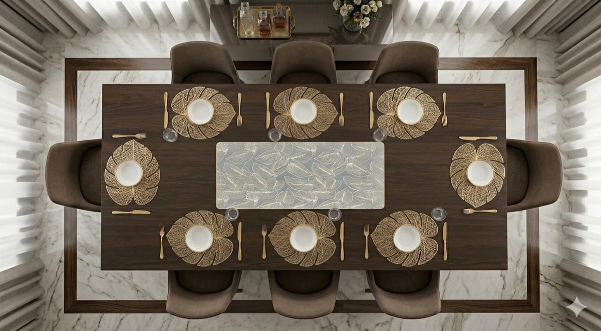 Placemat and Table Runner Set Combo for Dining Table Home Kitchen Table Mat Set for Everyday Dining Use (Monstera Gold Leaf Table mat+ Luxury Gold Skeletal Leaf Table Runner, Pack of 9 ( 8+1)) Kafalo