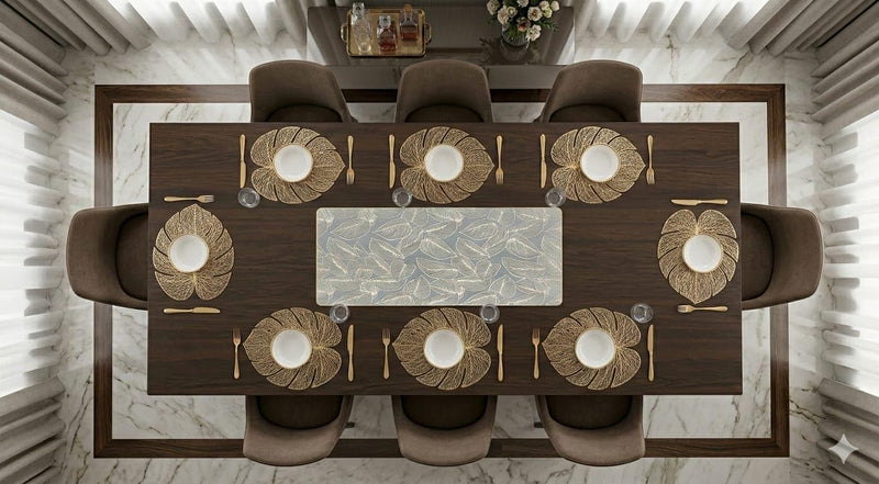 Placemat and Table Runner Set Combo for Dining Table Home Kitchen Table Mat Set for Everyday Dining Use (Monstera Gold Leaf Table mat+ Luxury Gold Skeletal Leaf Table Runner, Pack of 9 ( 8+1)) Kafalo
