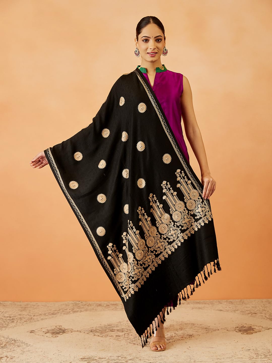 Pashmoda Women Nafeesa Kashmiri Aari Embroidery Stole, Shawl, & Wrap, Luxury Pashmina Evening Wrap (Size: 71X203 CM)