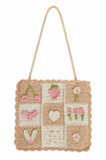 NYCRA Crochet Tote Bag, Beige, Floral and Heart Applique, Scalloped Edge, 30.5 x 30.5 cm, 63.5 cm Strap