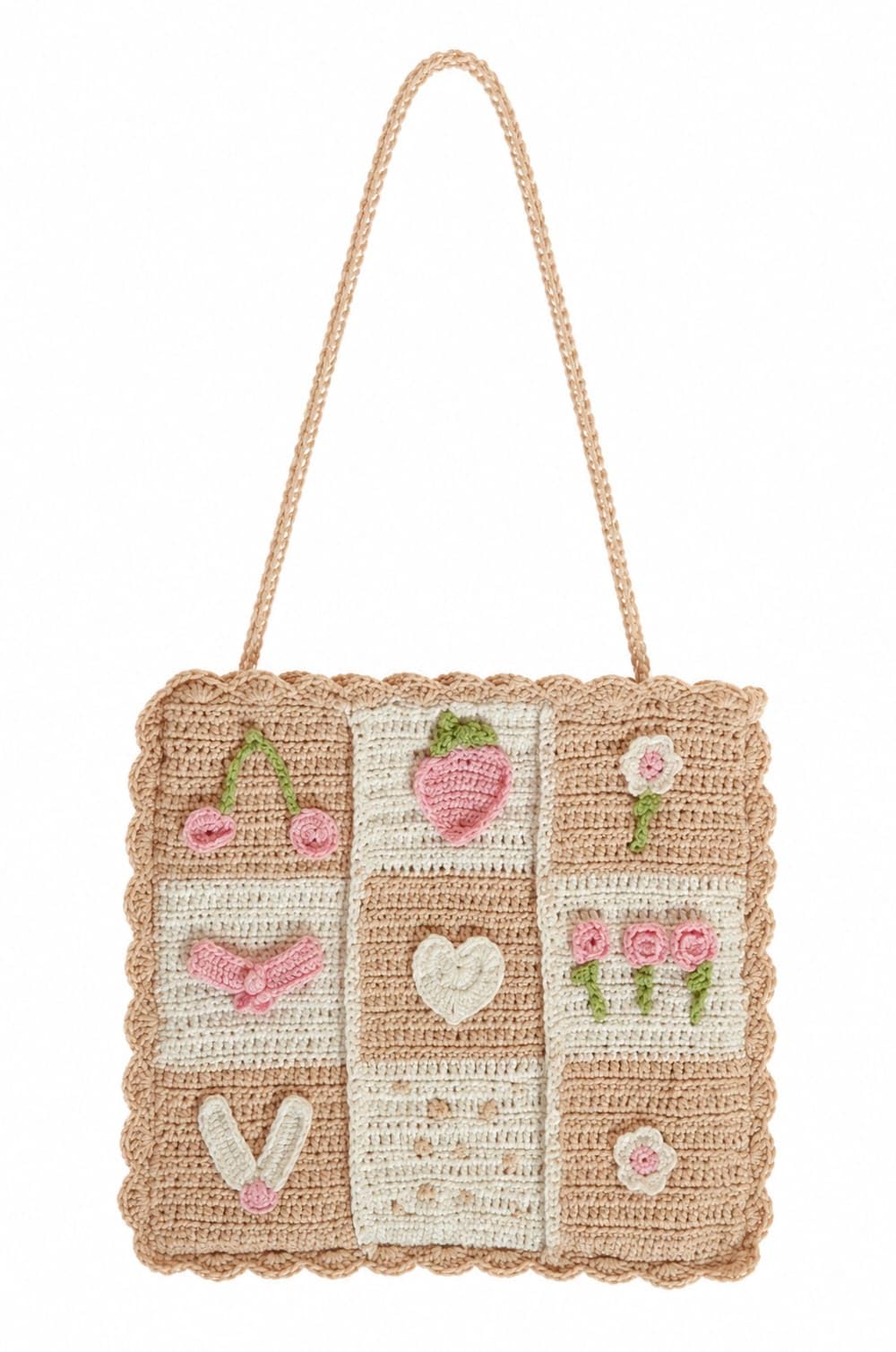 NYCRA Crochet Tote Bag, Beige, Floral and Heart Applique, Scalloped Edge, 30.5 x 30.5 cm, 63.5 cm Strap