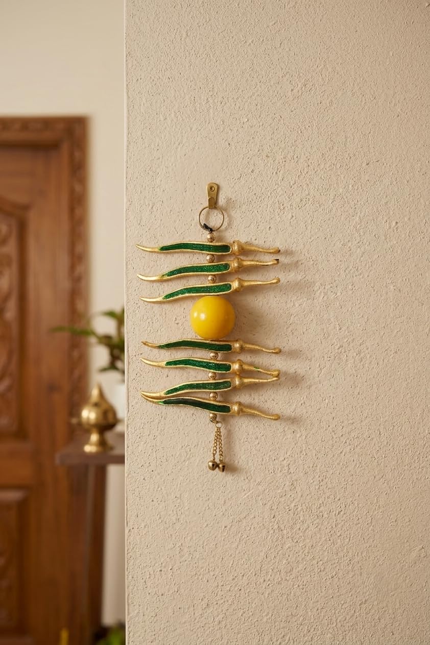 KridayKraft Gold Plated Nimbu Mirchi Hanging for Nazar Suraksha, Evil Eye Protection Decor for Home, Office, Multicolour Decorative Wall Hanging.