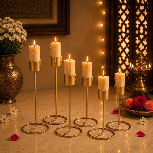 (Set of 6) Gold Metal Taper Candle Holder – Decorative Modern T-Light Stand for Home Decor, Table Centerpiece, Wedding & Festival Decoration, Elegant Golden Stick Holders