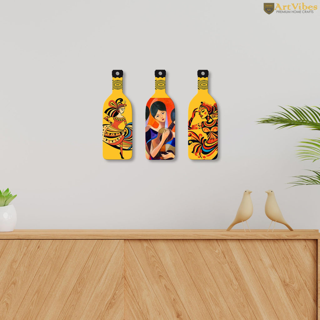 Artvibes Women Guitarist Decor Bottle shaped Wooden Wall Hanging | Graphic Artwork | Door Decoration Items | Paintings For Wall | Wall Art Print | Handcrafted Art | Unique Gift (WH_9518N), Set of 3