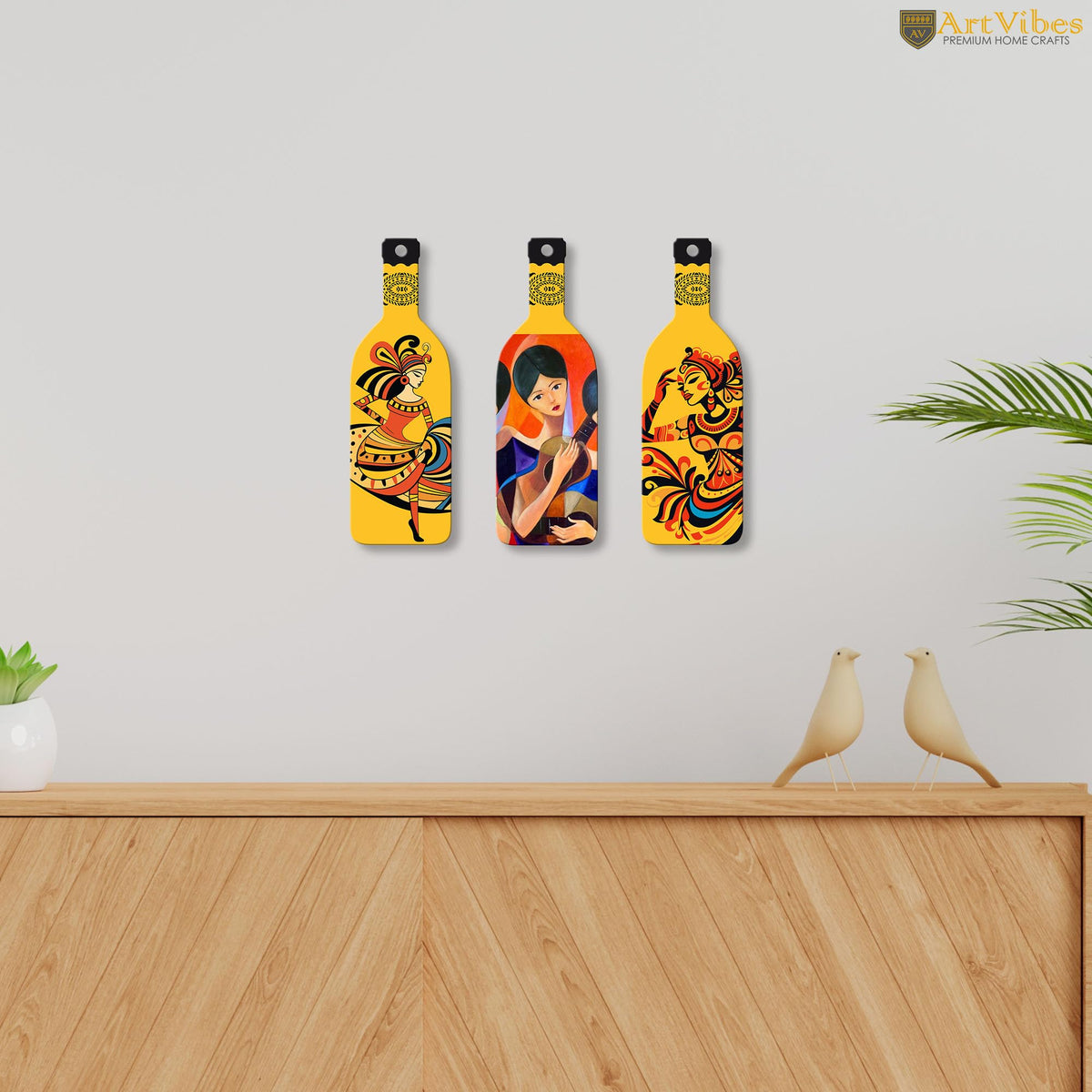 Artvibes Women Guitarist Decor Bottle shaped Wooden Wall Hanging | Graphic Artwork | Door Decoration Items | Paintings For Wall | Wall Art Print | Handcrafted Art | Unique Gift (WH_9518N), Set of 3