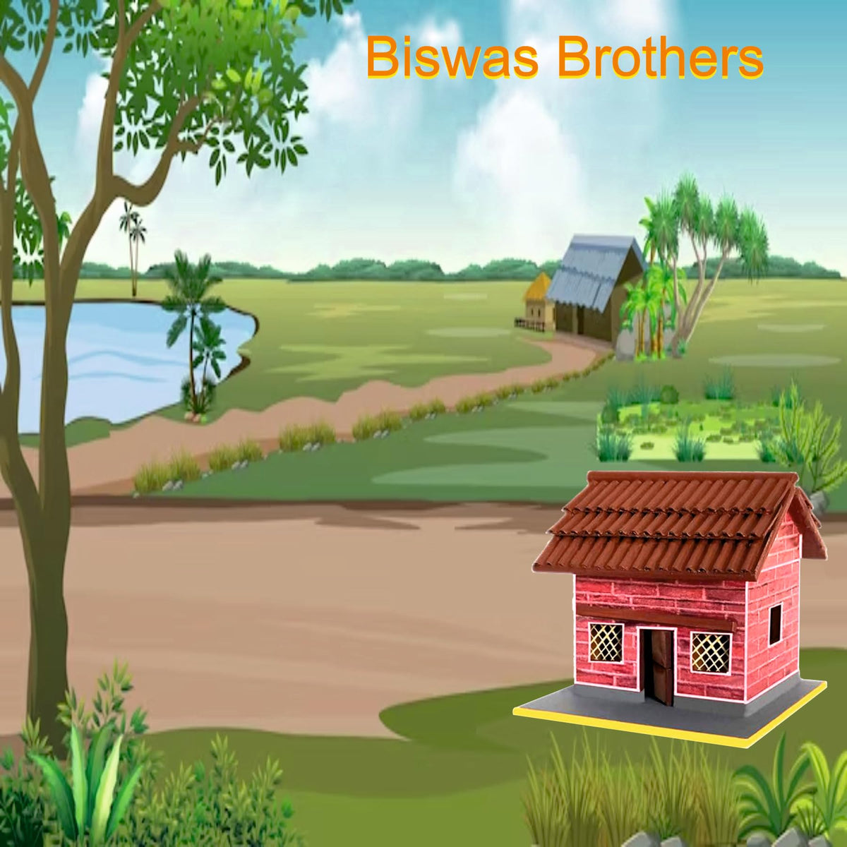 BISWAS BROTHER Village Hut Bricks Wall Roof Tiles Wood(65 MM 65 MM 75 MM) Sweet Home Village, Multicolor