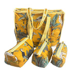 The House of RajPadmini Premium Cotton Quilted Shopping Tote Bag with 3 Travel Pouches Set (Animal Print Yellow)