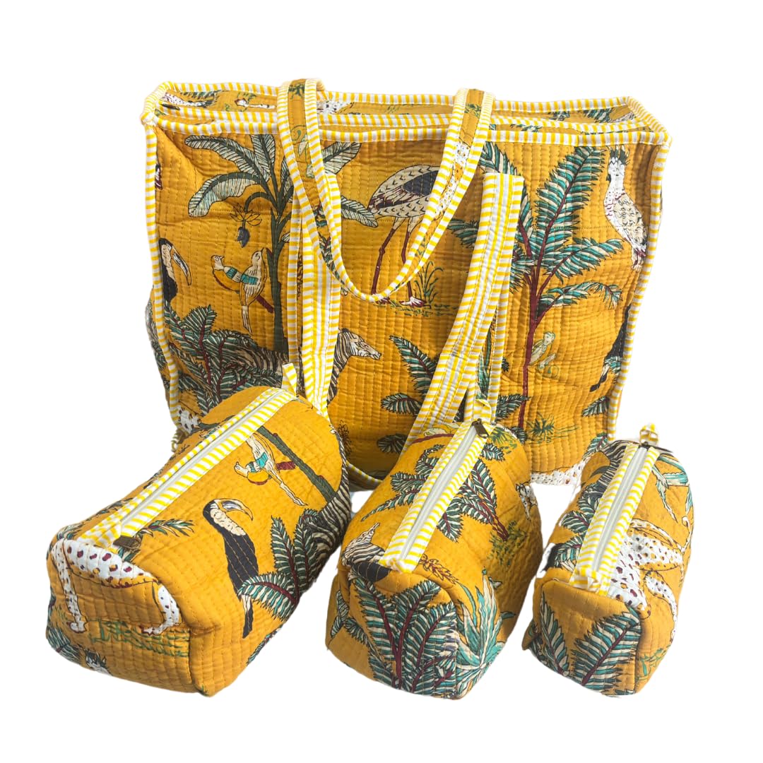 The House of RajPadmini Premium Cotton Quilted Shopping Tote Bag with 3 Travel Pouches Set (Animal Print Yellow)