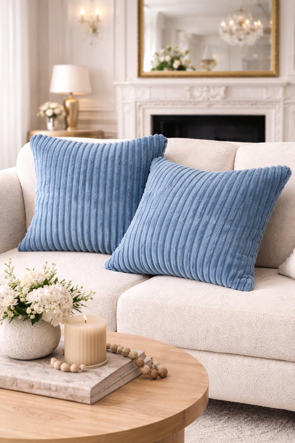 AWARD VELVETS Premium Faux Rabbit Fur Plush Luxury Soft Fluffy Striped Decorative Throw Pillow/Cushion Covers for Sofa, Couch, Living Room - (Blue, 24 x 24 inch) Set of 1