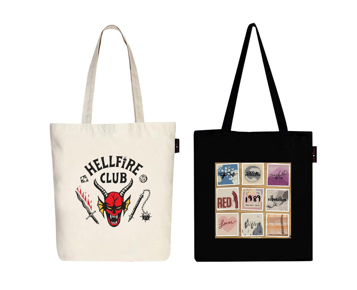 Peach Blossom Printed Cotton Zipper Tote Bags | CBAG - WHT-HELLFIRE_BLK-1989(9) BOX