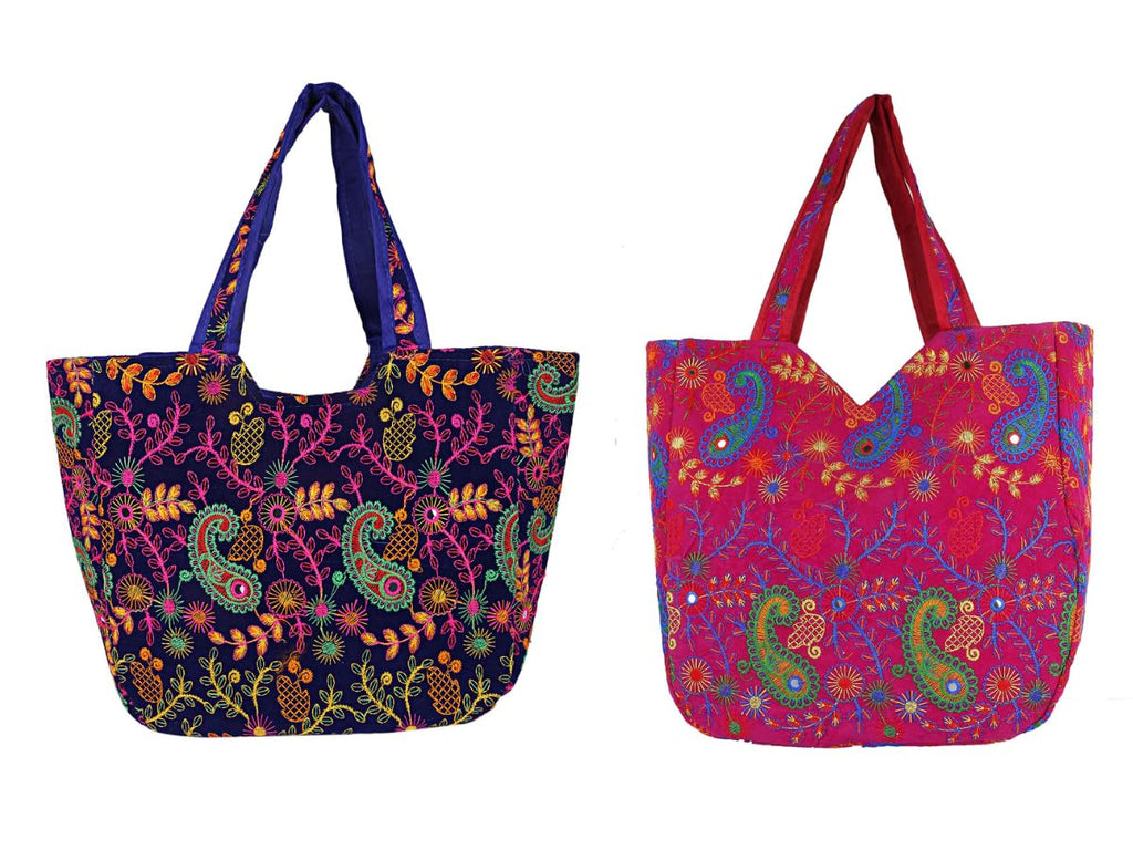 Craft Trade Women's Cotton Tote Bags Pack of 2 36x30x12 Cm Embriodery Mirror Work Leaf Print Handbag with Zip Shopping Bag - Blue and Pink