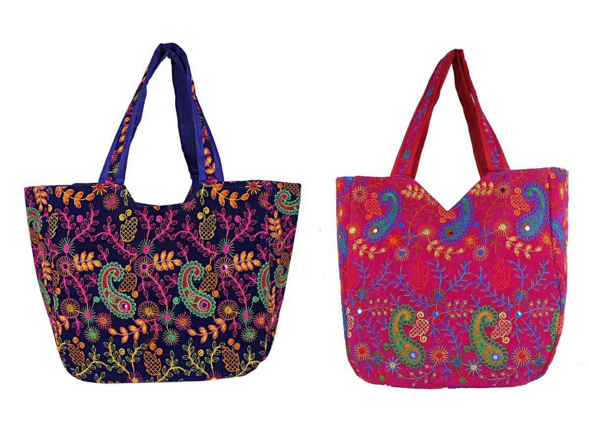 Craft Trade Women's Cotton Tote Bags Pack of 2 36x30x12 Cm Embriodery Mirror Work Leaf Print Handbag with Zip Shopping Bag - Blue and Pink
