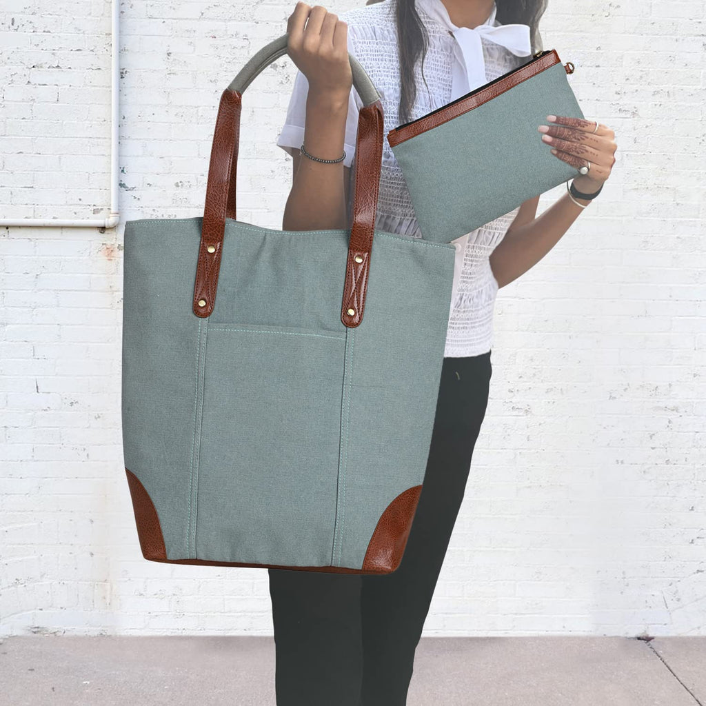 Mona B Canvas Tote Handbag for Women with Pouch perfect for Travel, College and office Use - Sky