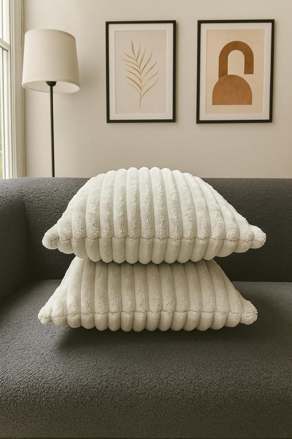 AWARD VELVETS Premium Faux Rabbit Fur Plush Luxury Soft Fluffy Striped Decorative Throw Pillow/Cushion Covers for Sofa, Couch, Living Room - (Light Grey, 16 x 16 inch) Set of 2
