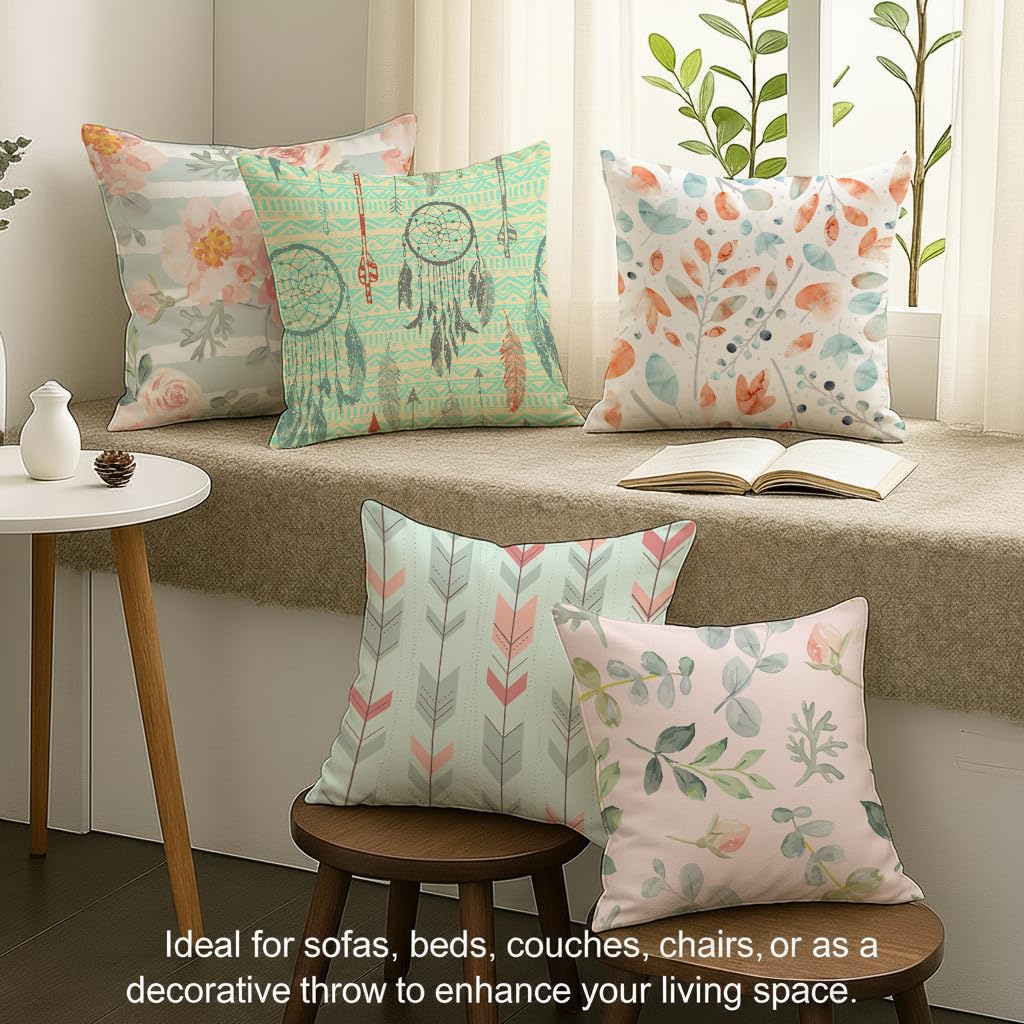 STITCHNEST Set of 5 Pastel Leaf Serenity Collection Printed Jute Cushion Covers 16x16 Inches | Decorative Throw Pillow Covers for Sofa, Living Room, Bedroom | Perfect for Home Decor