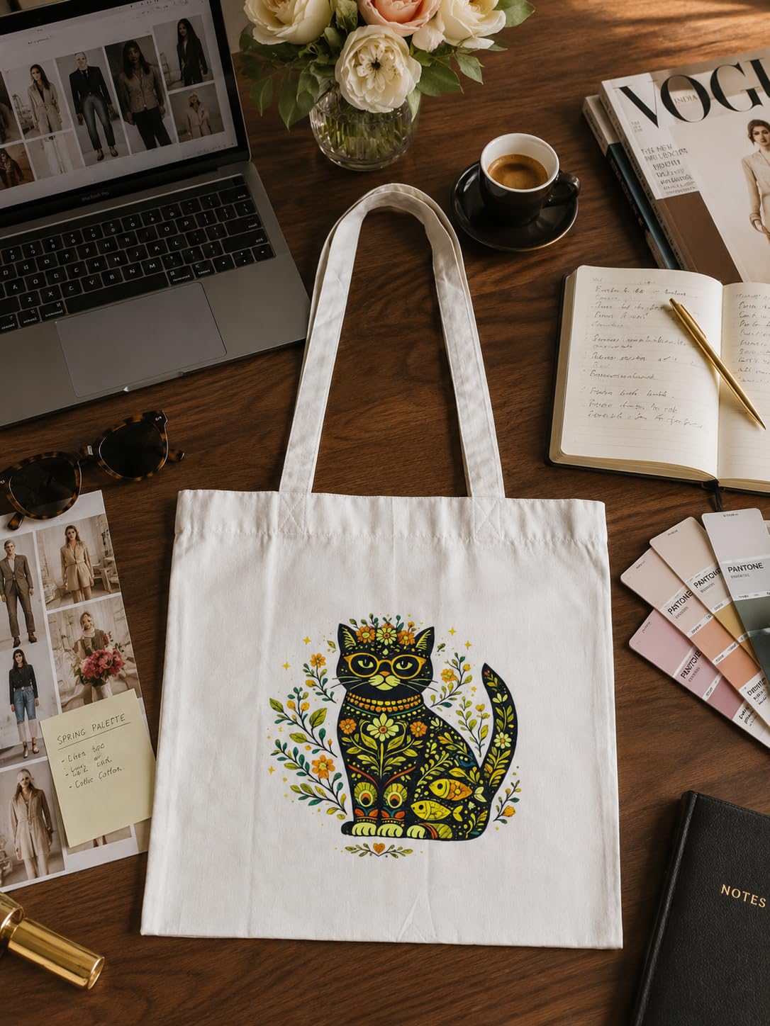 Kai Pai Co Cotton Tote Bag for Women, Indian Folk Art Prints, Casual Daily Use, Reusable Shoulder Bag,14 X 16 Inches - Madhubani, Kalamkari, Return Gifts (Persian Cat - Madhubani)