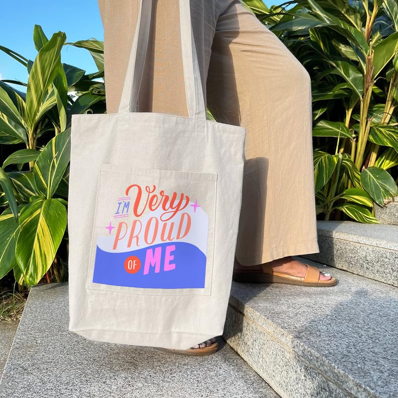 Zoomin Spacious Cotton Tote Bag with Zip Closure | Double Inner Pockets & 60cm Long Handle | Soft Fabric Shopping Bag for Travel, Work & Daily Essentials | Perfect For Office & Travel-Proud Of Me