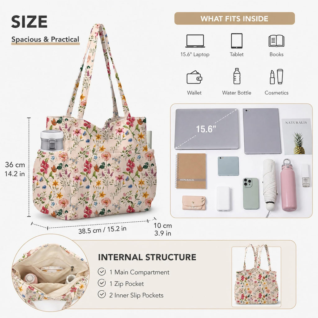 ZippyLiva Floral Corduroy Tote Bag - College Bags for Girls Stylish