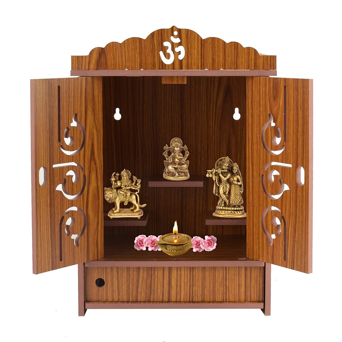 CRYSTIVA Wooden Temple for Home with Om Symbol, Wall-Mounted Mandir with Storage Drawer, Brown (455)