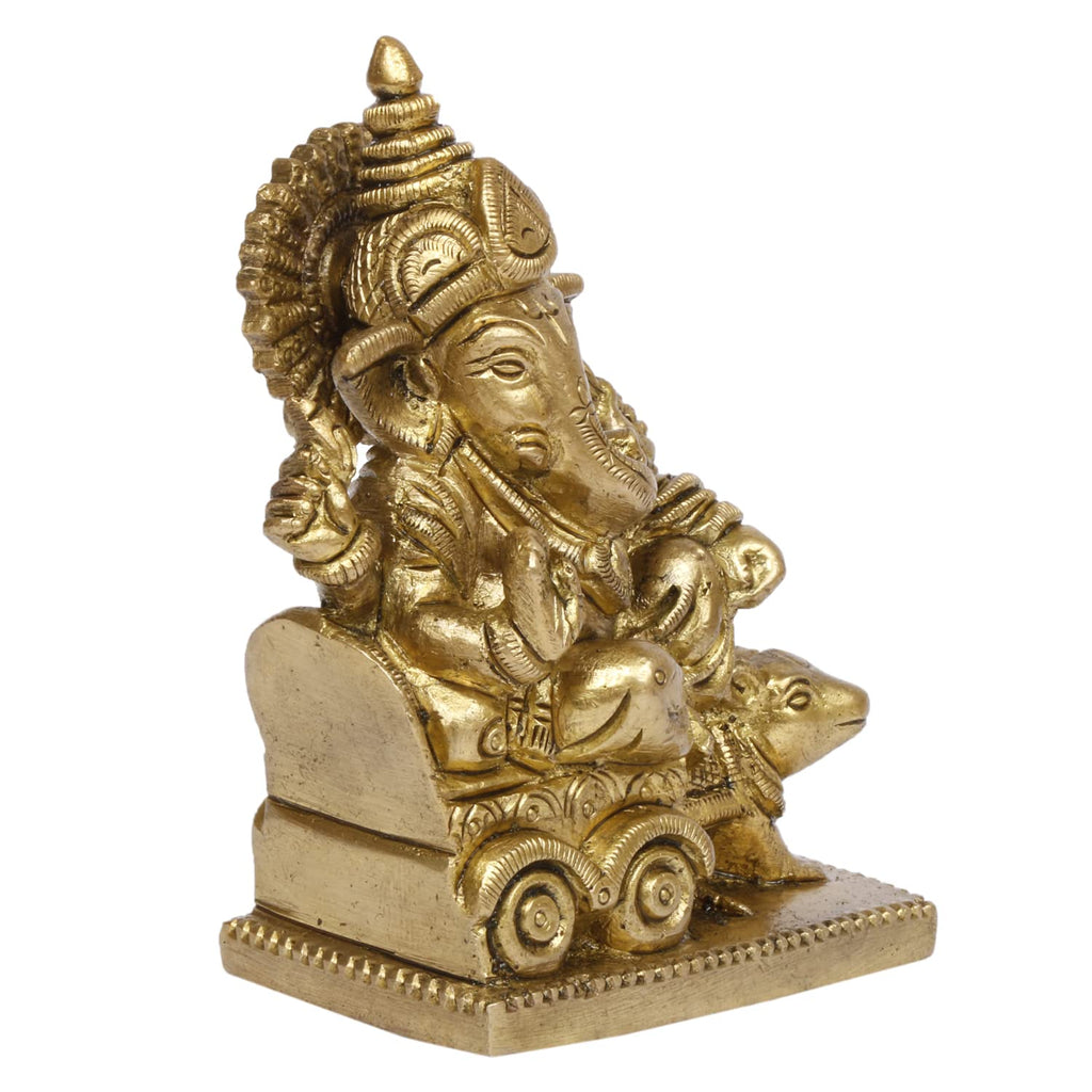 ARTVARKO Brass Ganesha Riding on Chariot Pulled by Rat Ganesh Ganpati Statue Idol for Home Office Puja Temple Home Décor Gift (Size 8x4x9.5)