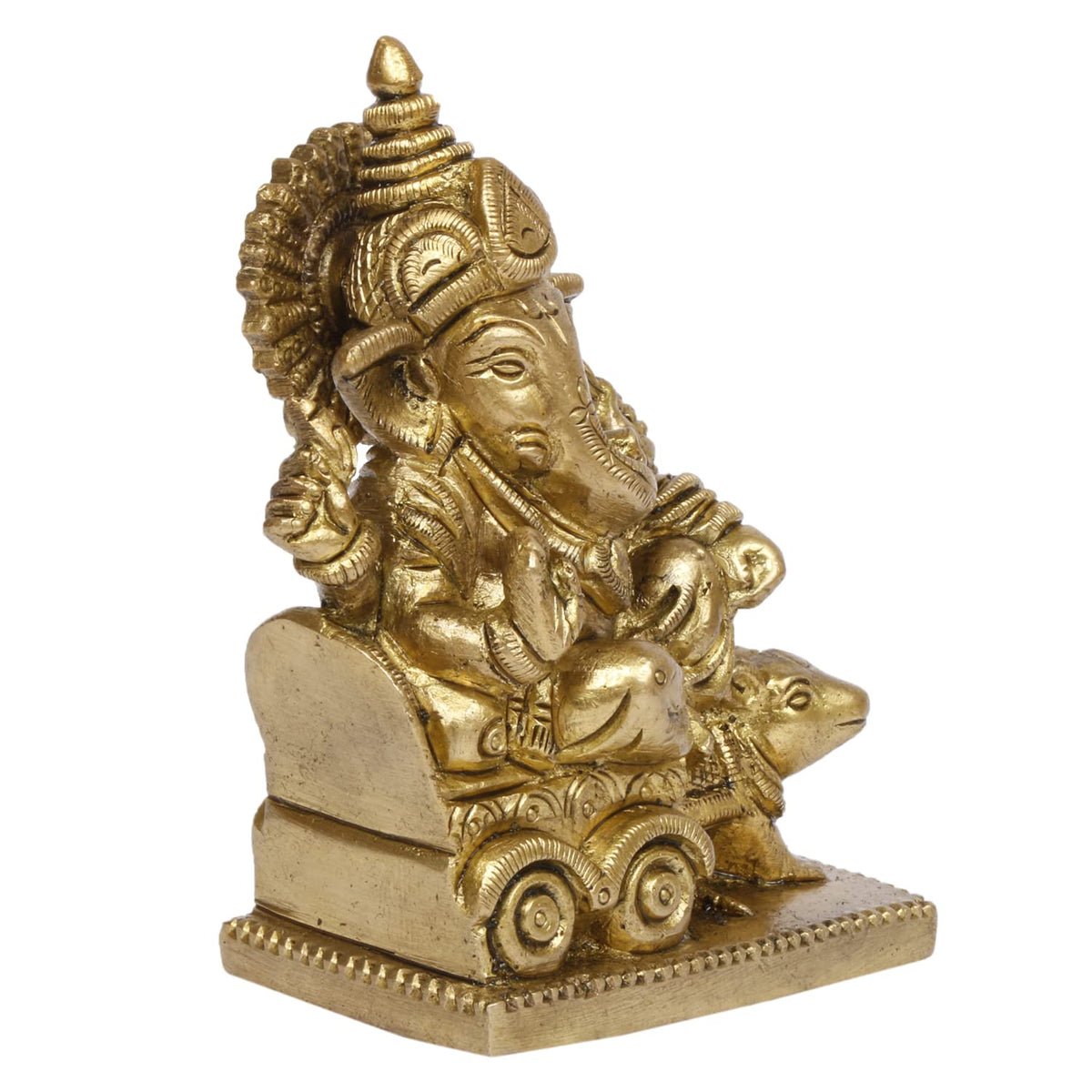 ARTVARKO Brass Ganesha Riding on Chariot Pulled by Rat Ganesh Ganpati Statue Idol for Home Office Puja Temple Home Décor Gift (Size 8x4x9.5)