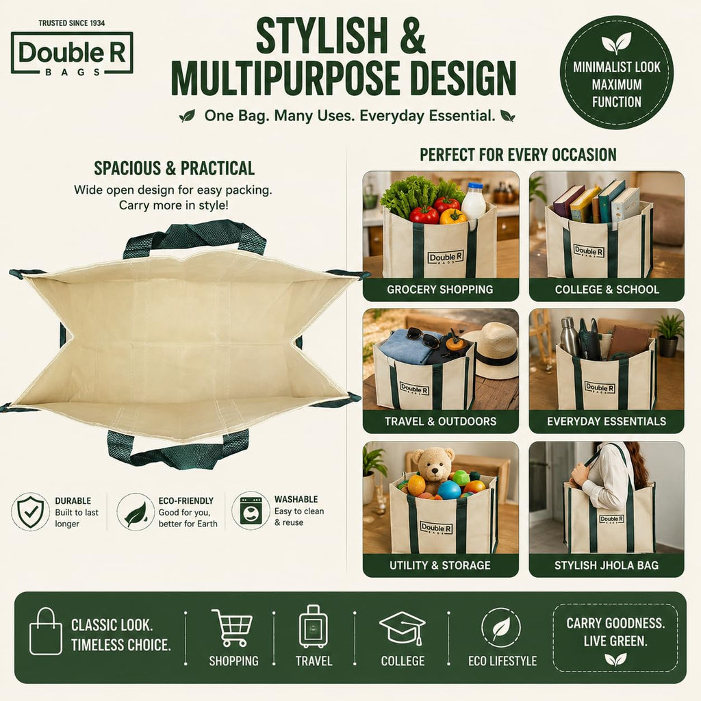 DOUBLE R BAGS Women’s Eco-Friendly Cotton Canvas Tote Bag | Big Reusable Jhola Bag for Grocery, Milk, Fruits & Vegetables with Reinforced Handles | 43x21x35 cm, 1 Compartment (Green, Pack of 1)