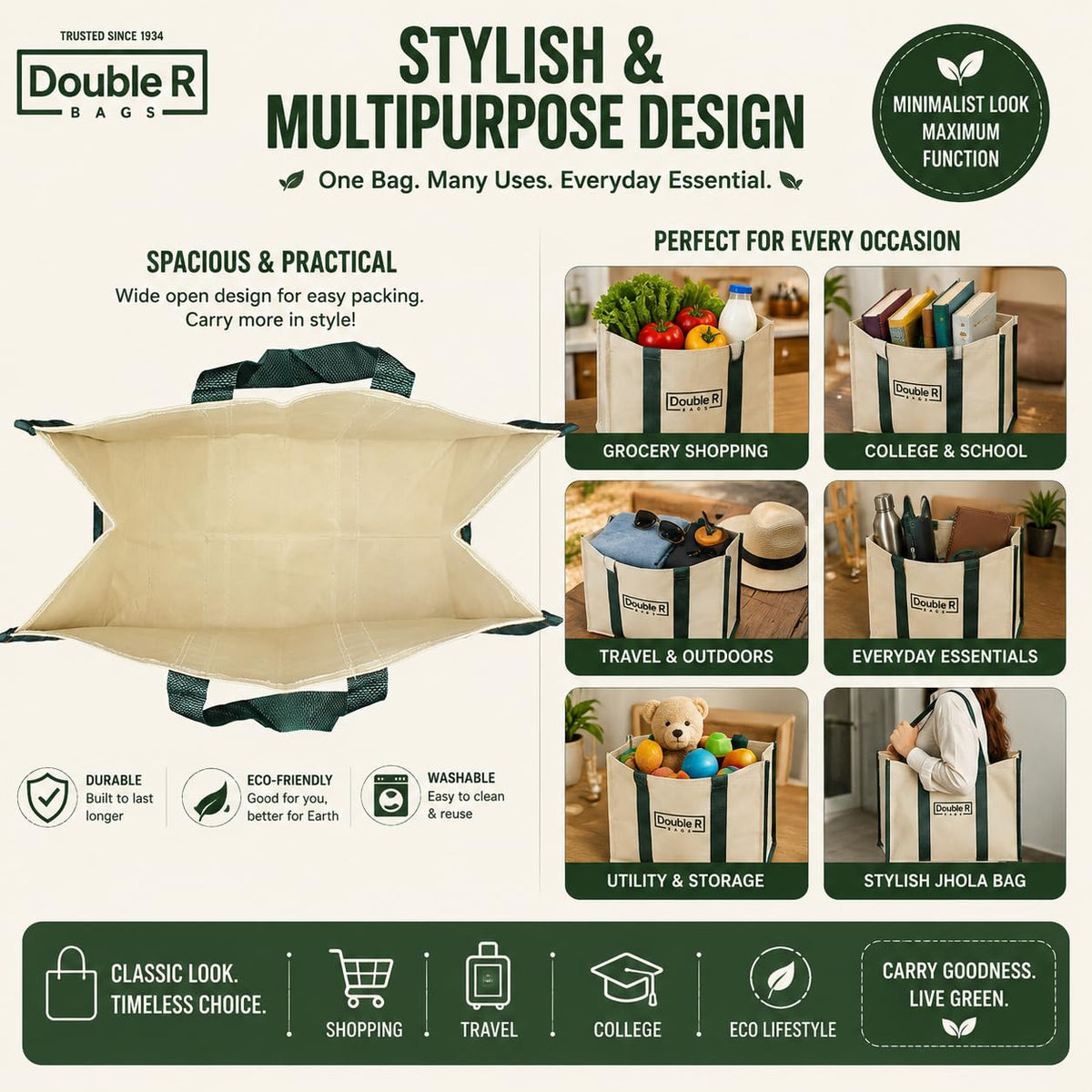 DOUBLE R BAGS Women’s Eco-Friendly Cotton Canvas Tote Bag | Big Reusable Jhola Bag for Grocery, Milk, Fruits & Vegetables with Reinforced Handles | 43x21x35 cm, 1 Compartment (Green, Pack of 1)