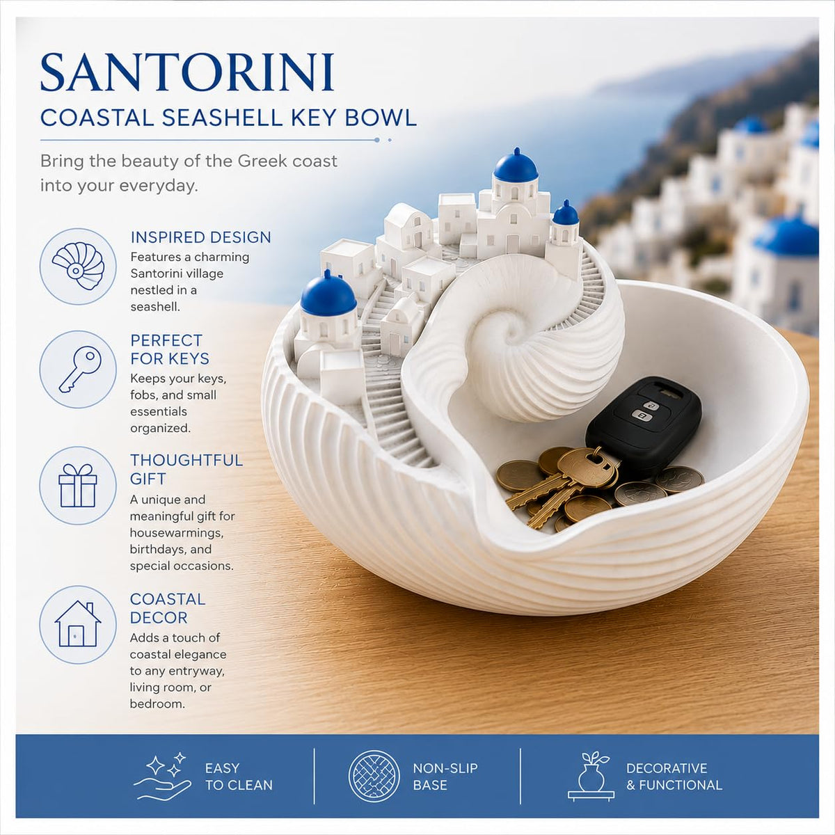 Greek Coastal Seashell Key Bowl – Decorative Entryway Organizer, Coastal Home Décor Accent, Key Tray, Night-Stand Jewellery Bowl, Greek Island Inspired Gift for Home, Office, Bedroom & Living Room