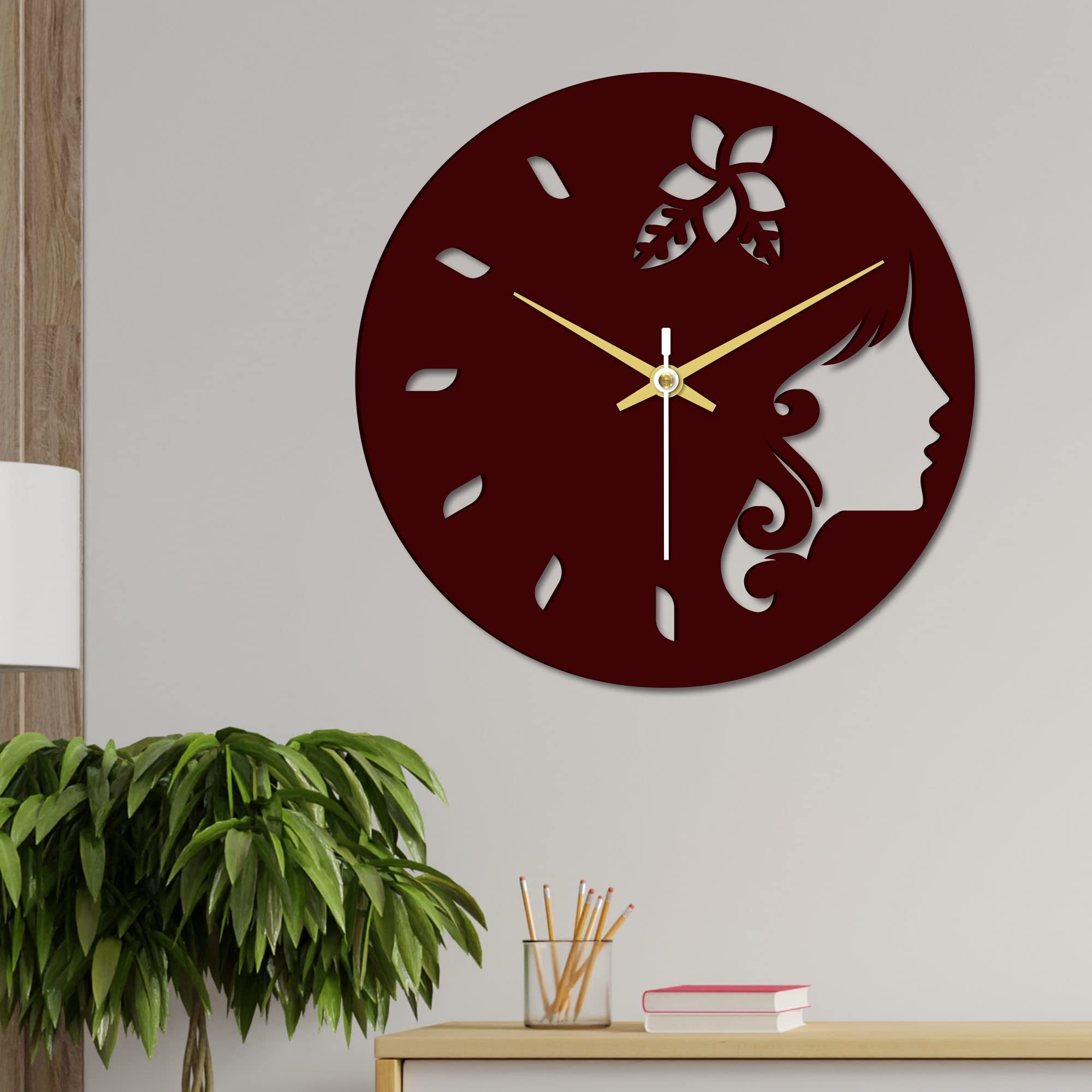 VIBECRAFTS Girl's Face in Wooden Wall Clock for Home Decor, Office, Living Room, Bedroom, Gift (WWCVC1Pcs_10006)