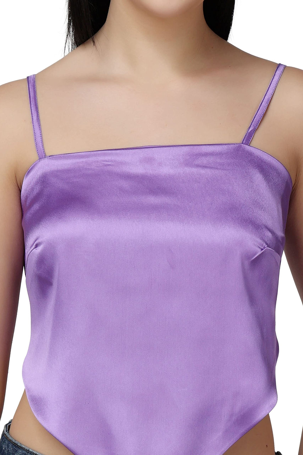 Popwings Women Casual Purple Satin Scarf Knot Solid Crop Top