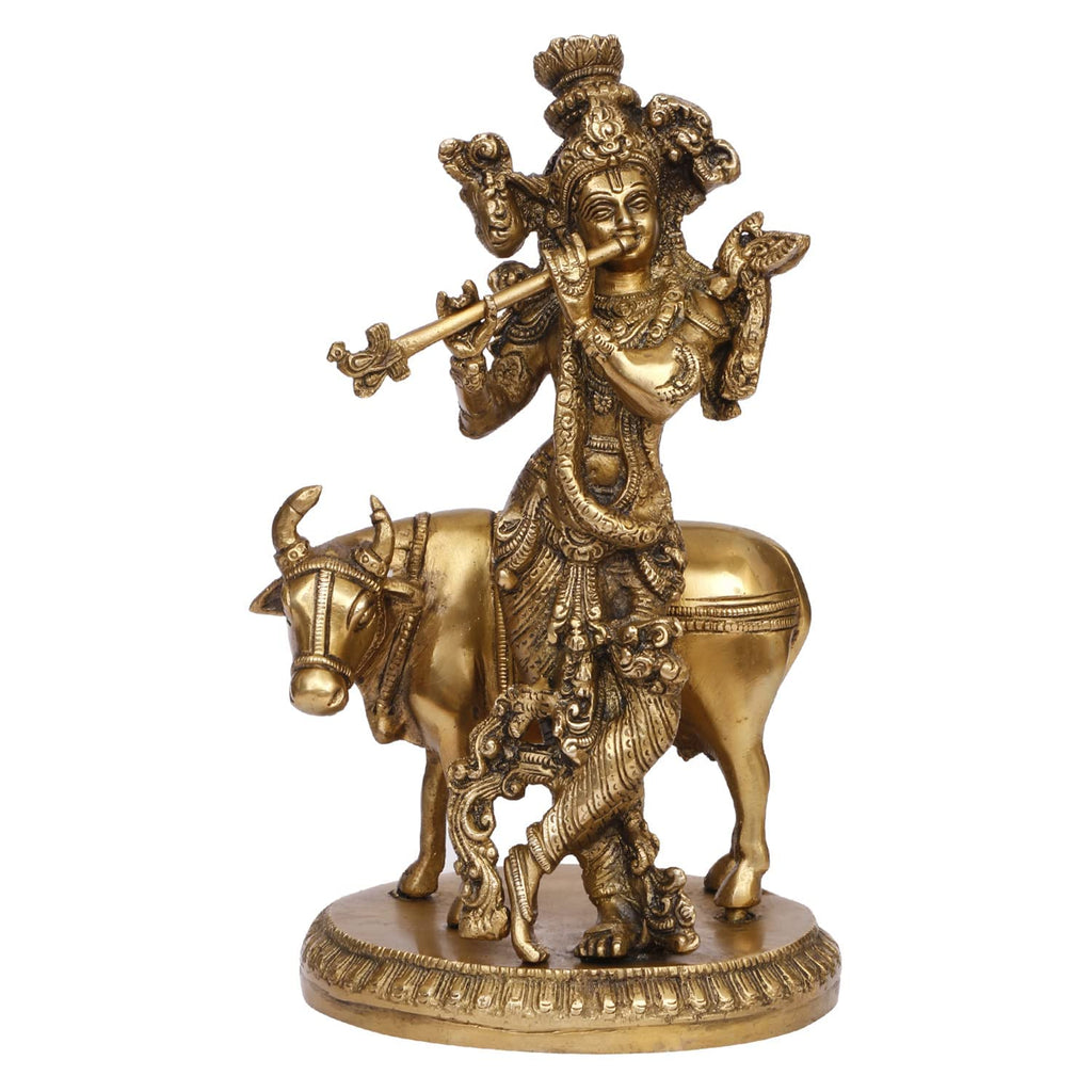 SVARUP Brass Shri Krishna Idol with Cow Kishan Bhagwan Murti Lord Krishna Cow Statue with Flute Big Size Height 10 Inch