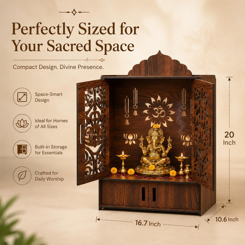 The Castle Decor Wooden Mandir for Home, Wall Hanging & Tabletop Pooja Temple with Double Doors, Om & Lotus Cutwork, Storage Cabinet, Dark Walnut MDF for Pooja Room, 10.6 x 20 x 16.7 Inch (Design-7)