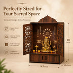 The Castle Decor Wooden Mandir for Home, Wall Hanging & Tabletop Pooja Temple with Double Doors, Om & Lotus Cutwork, Storage Cabinet, Dark Walnut MDF for Pooja Room, 10.6 x 20 x 16.7 Inch (Design-7)