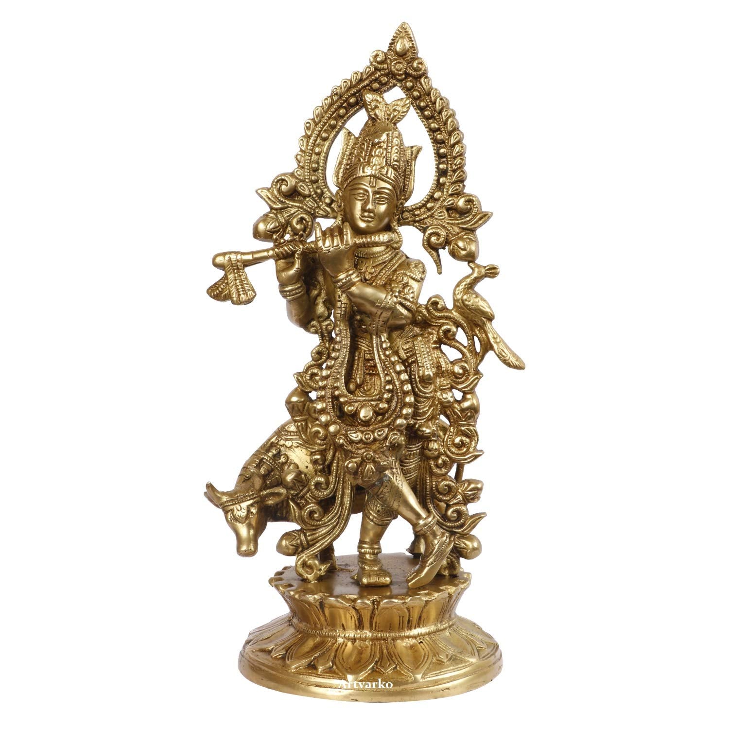 ARTVARKO Brass Bhagwan Krishna Murti with Flute and Cow 12 Inch | Premium Handcrafted Lord Krishna Idol for Home Temple, Mandir, Living Room & Spiritual Décor | Religious Gift