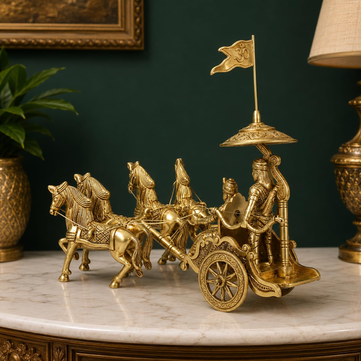 ARTVARKO Brass Four Horses Mahabharat/Geeta Arjun Chariot (Rath) with Krishna & Hanuman Lord Krishna Arjun Rath Idol Showpieces 10 Inch