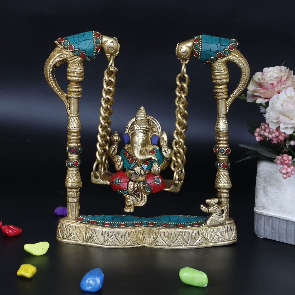 ARTVARKO Brass Ganesha on a Swing Statue Ganesh Jhoola with Two Parrot Holding Chain 8 Inch