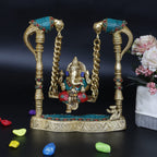 ARTVARKO Brass Ganesha on a Swing Statue Ganesh Jhoola with Two Parrot Holding Chain 8 Inch