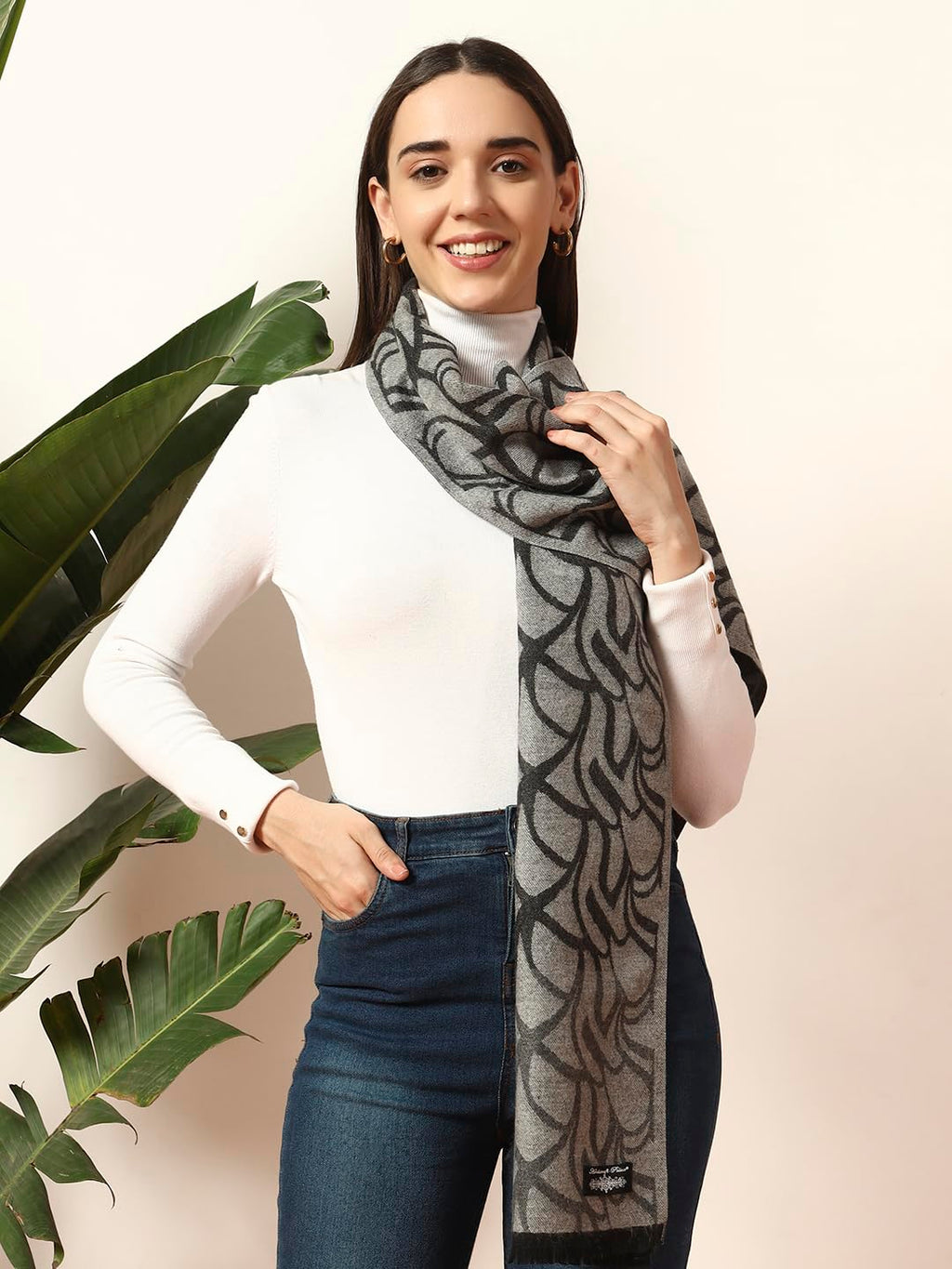Ravaiyaa - Attitude is everything Women Woolen Ikat Design Casual Warm Winter Wear Muffler Scarf Stole 72x14 Inch (Grey Abstract)