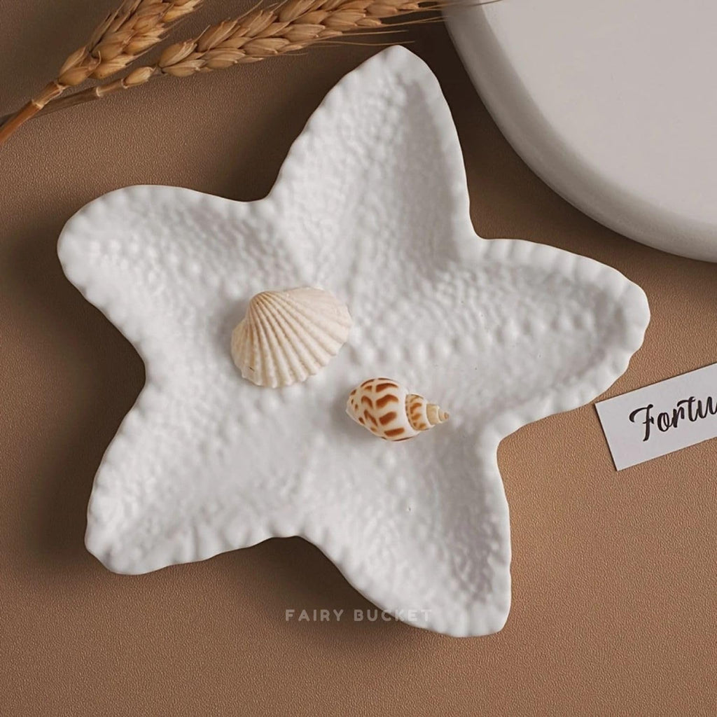 FAIRY BUCKET™ Concrete Jewelry Tray – Aesthetic Starfish Vanity Tray for Women, Decorative Trinket Dish & Ring Holder, White Candle Dresser, Cute Jewelry Plate for Home Decor & Birthday Gifts