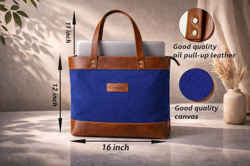 Comfabie tote Bag for Women Handcrafted Women's Canvas Bag with pure Leather Shoulder Tote Bag & Handbag for Office and College | Women Office Bag for Ladies | Ladies Purse Handbag (Blue)