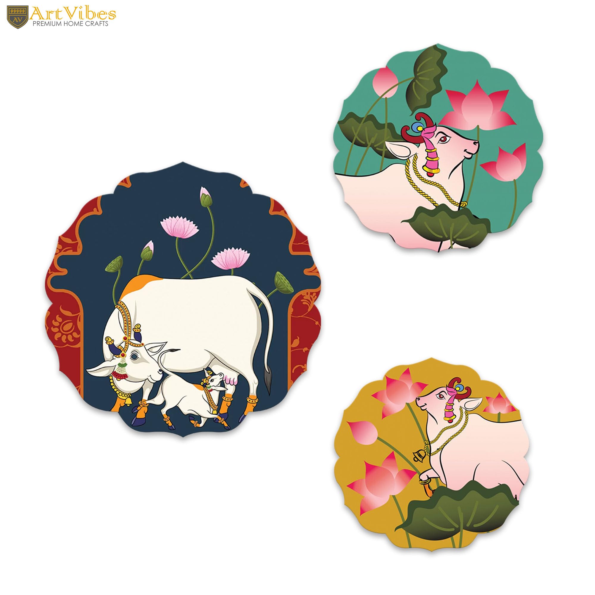 Artvibes Sacred Cow Pichwai Art Round Shape MDF Wooden Wall Decor Items | Living Room | Office | Handcrafted Art | Wall Accent | Painting | Artworks Hangings | Gift Items (WH_8814NN), Set of 3