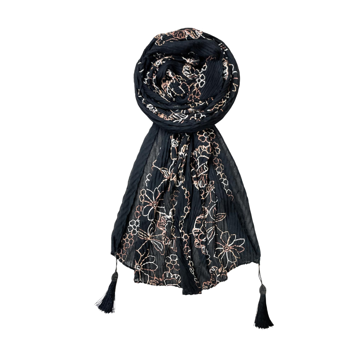 FAHABO Scarf Woman Pleated Cotton Scarves with Embroidery and Tassels | Hijab Scarf | Headscarf | Neck Scarf | Stoles | Wraps (True Black -1)