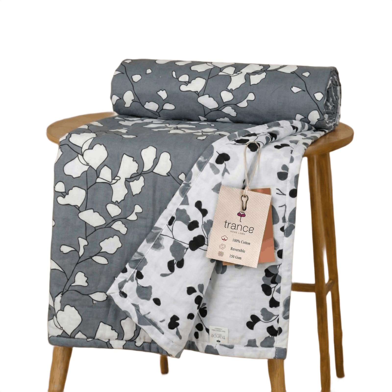Trance Home Linen Premium 100% Cotton Dohar for Double Bed | 150 GSM | Reversible Ac Comforter | for AC Room | Light Weight All Season Soft Blanket (84x88 Inches | Grey White Leaves) Kafalo