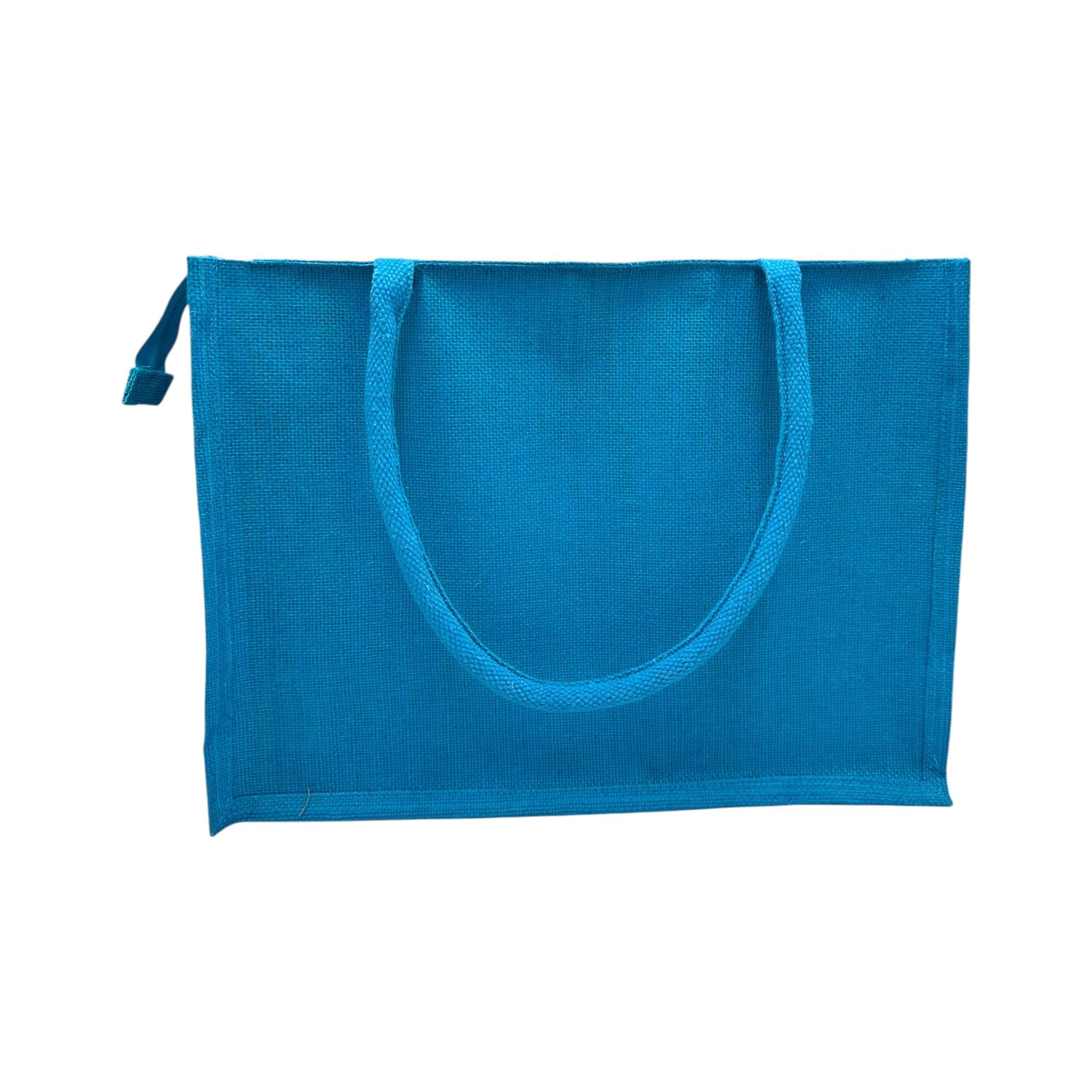 JUTEKA Multicolor spacious Jute Bag with Zipper Closure, Full Size Front Pocket and Large Handles… (Sky Blue)