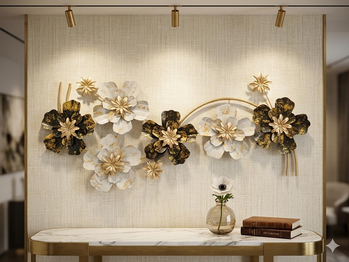 Mahira Artefacts 3D Metal Flower Wall Art, Gold and Black, Iron, Modern Contemporary, Botanical Theme, Matte with Antique Gold Finish, Indoor Wall Decoration