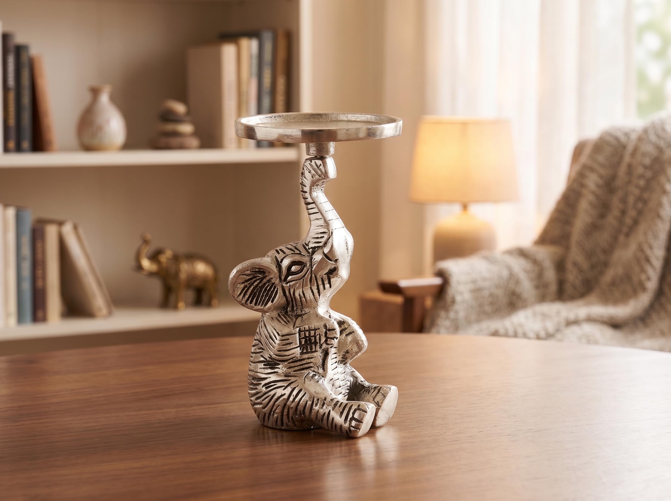 Kridaykraft Baby Elephant Figurine T-Light Candle Holder Silver (15 cm, 300 gm) — Decorative Sitting Elephant Showpiece for Home Decor, Diwali Gifting, and Table Accents. (Candle Not Included)
