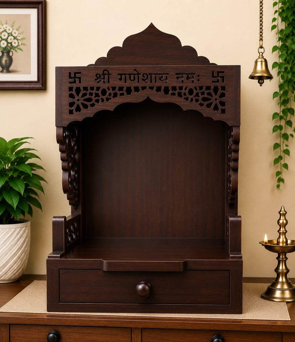 Wooden Pooja Mandir with Drawer, Shri Ganeshay Namah Carved Size 18x12