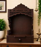 Wooden Pooja Mandir with Drawer, Shri Ganeshay Namah Carved Size 18x12