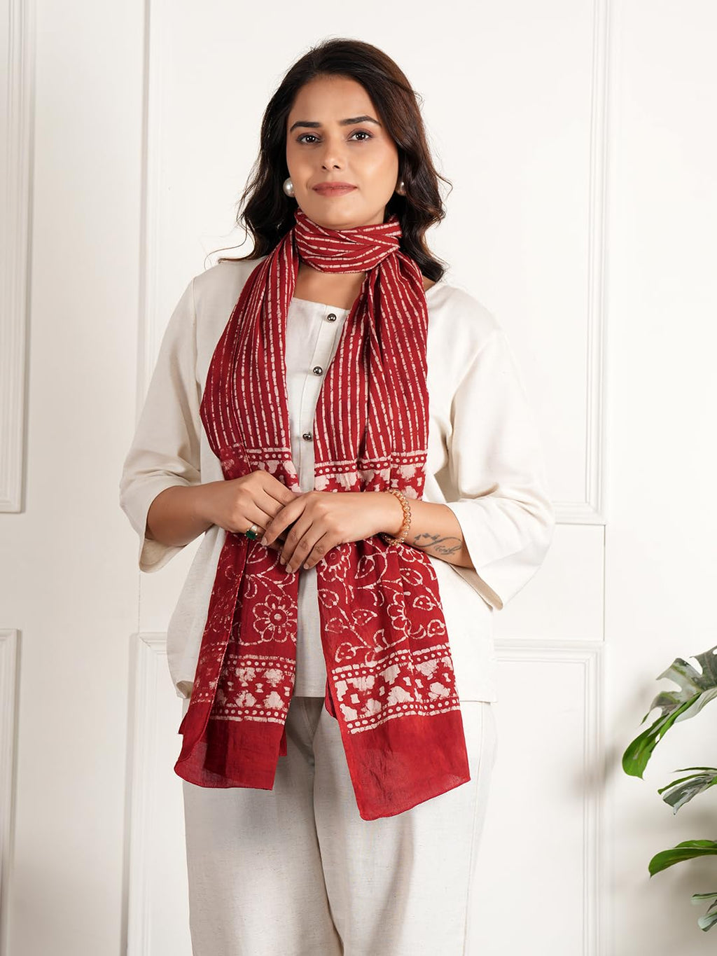 RAI SAHAB Printed Cotton Scarf for Women, Lightweight Soft Scarves Stoles for Summer & Winter(ST-101RED10)