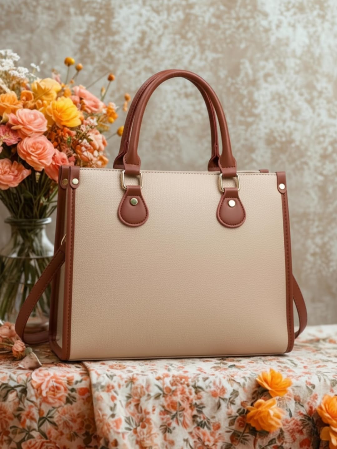 LIKE STYLE Women’s PU Tote Bag with Mandala Design | Laptop Compartment Shoulder & Crossbody Handbag | Office Work & Daily Use Large Tote (Cream)